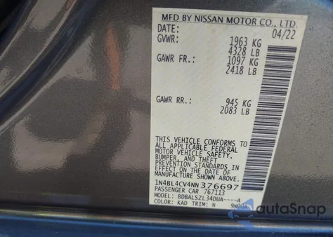 2022 Nissan Altima Sr Fwd from USA, damaged, VIN 1N4BL4CV4NN376697